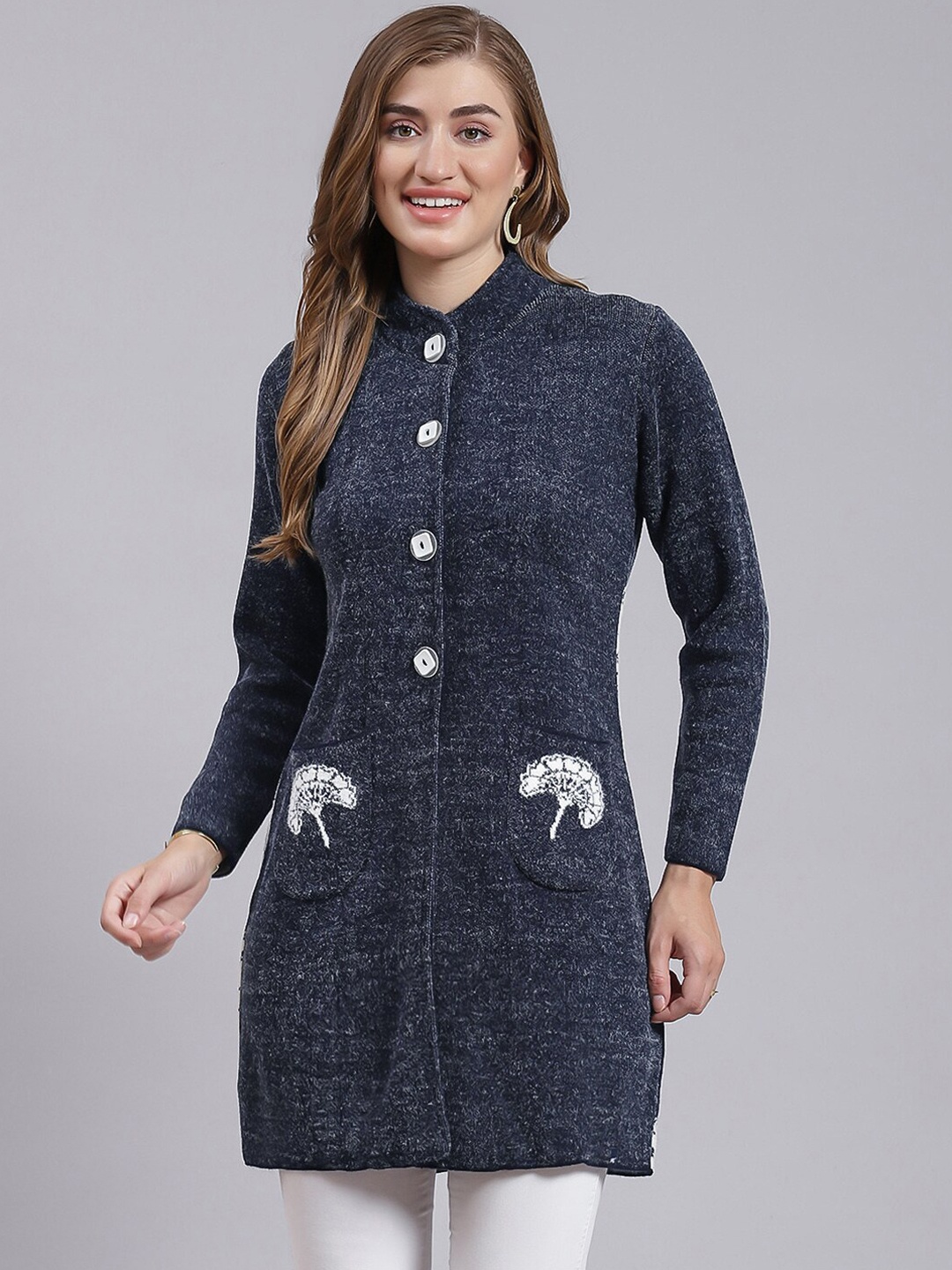 

Monte Carlo Floral Printed Wool Longline Cardigan, Navy blue