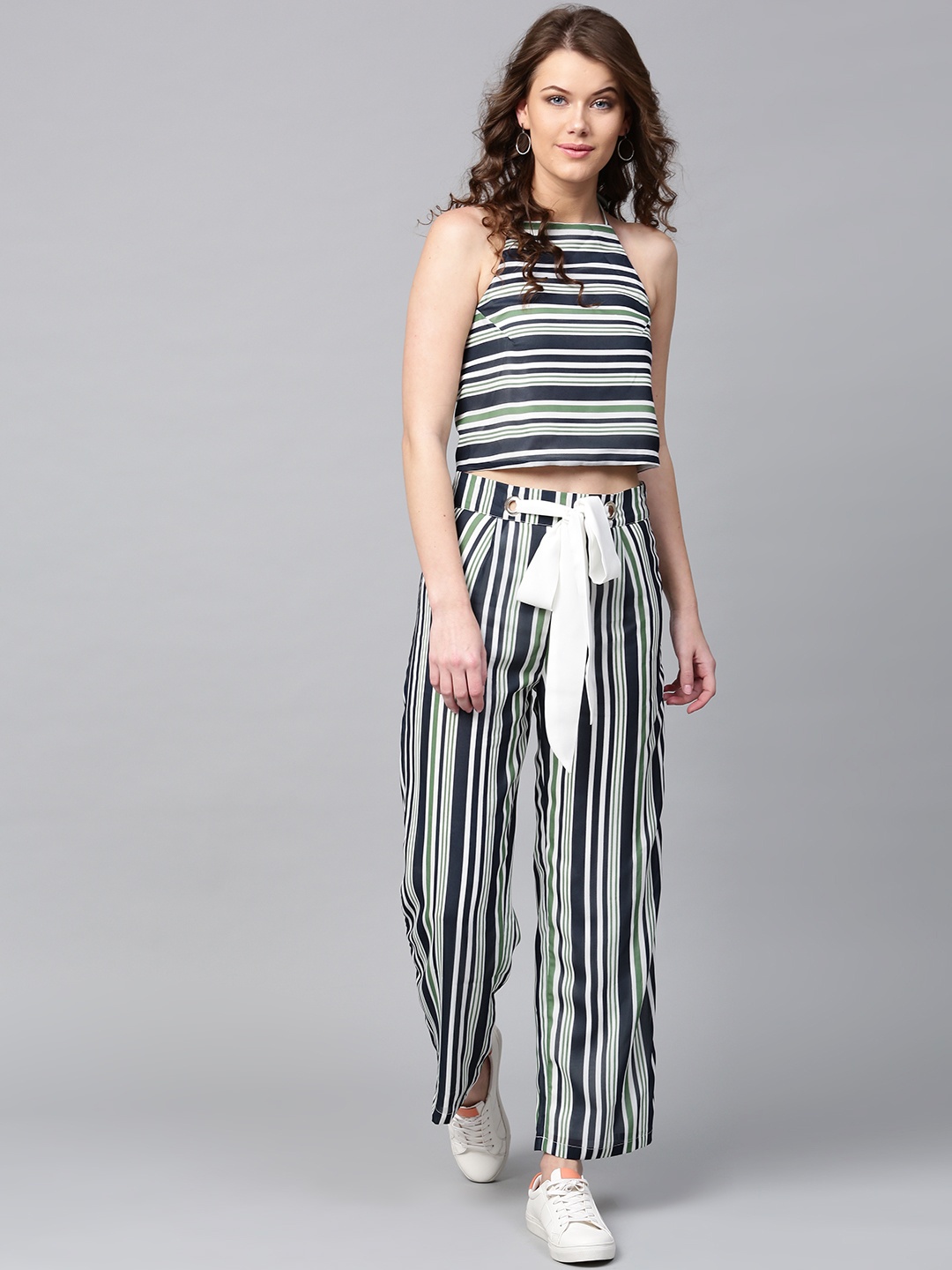 

SASSAFRAS Women Navy Blue & Green Striped Parallel Trousers
