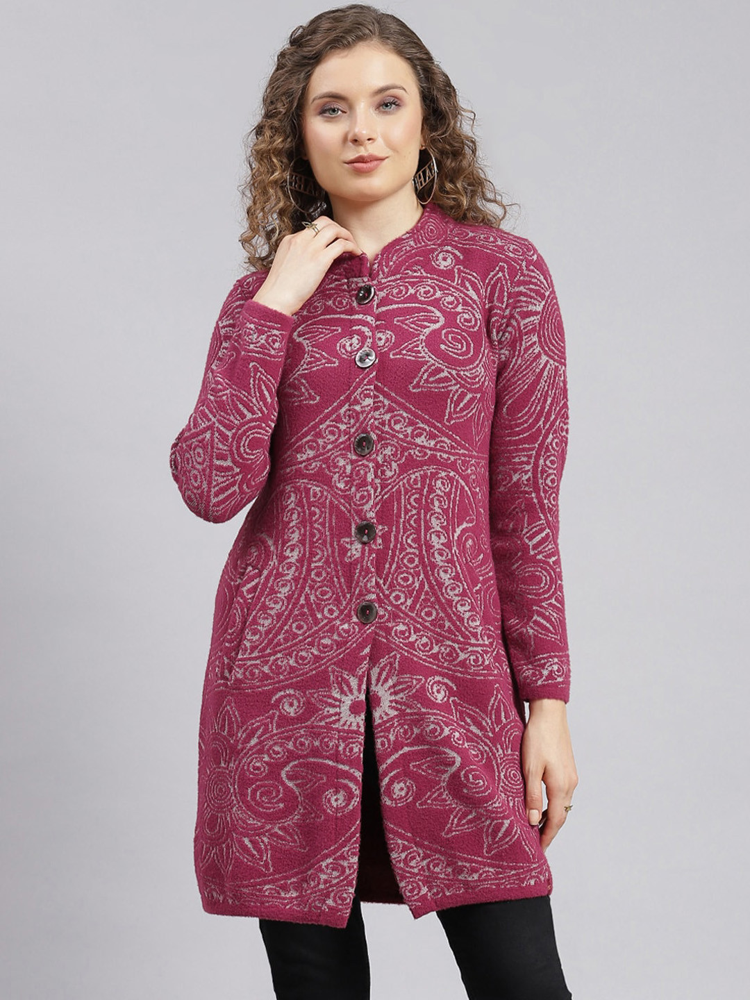 

Monte Carlo Self-Design Stand Collar Single-Breasted Knitted Overcoat, Maroon