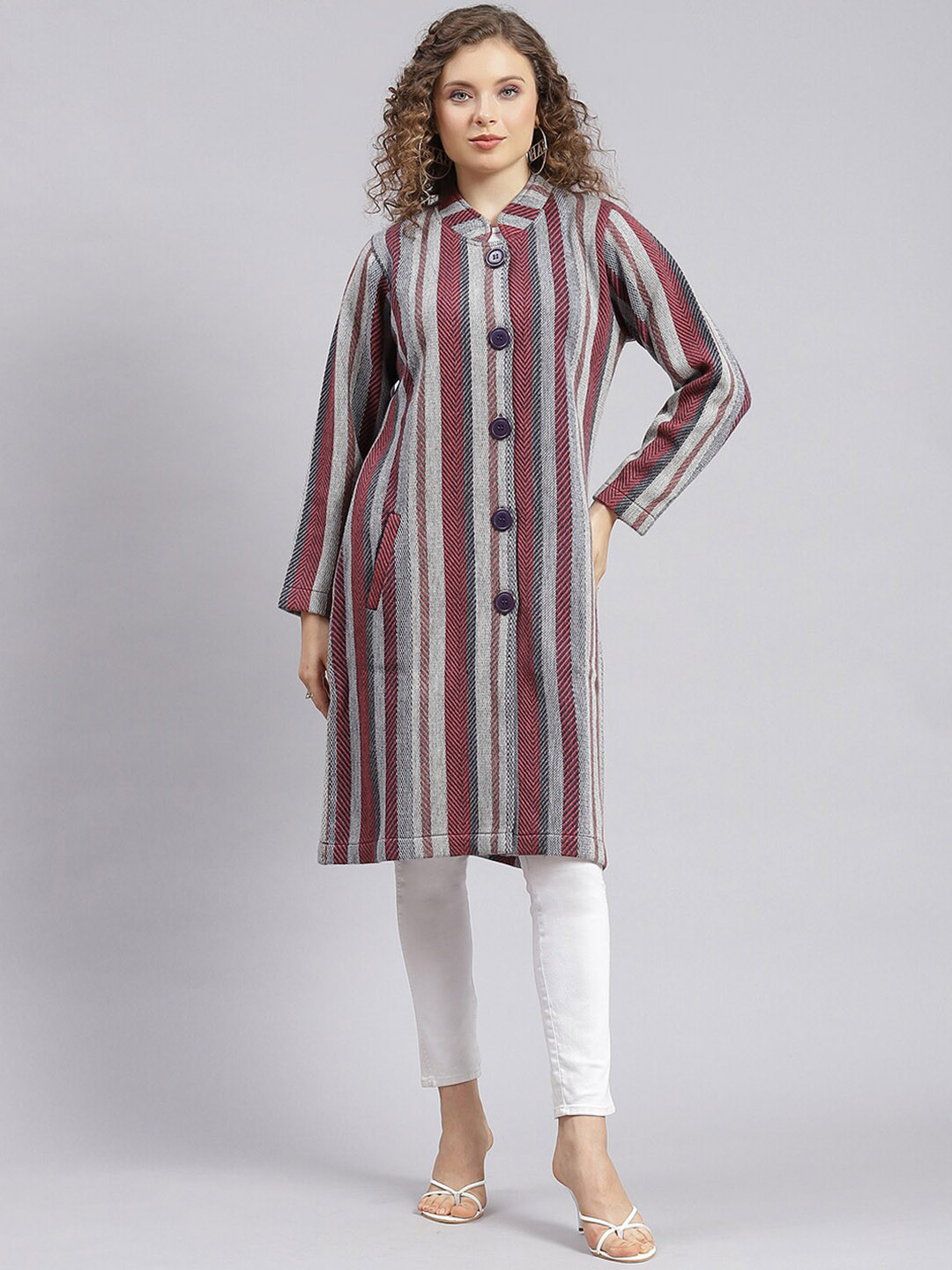 

Monte Carlo Striped Stand Collar Single Breasted Knitted Coat, Maroon