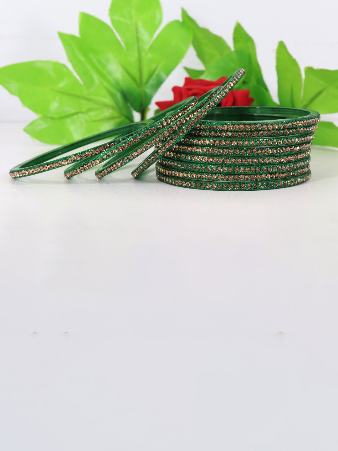 

NMII Set Of 12 Zircon Gemstone Studded & Beaded Glass Bangles, Green