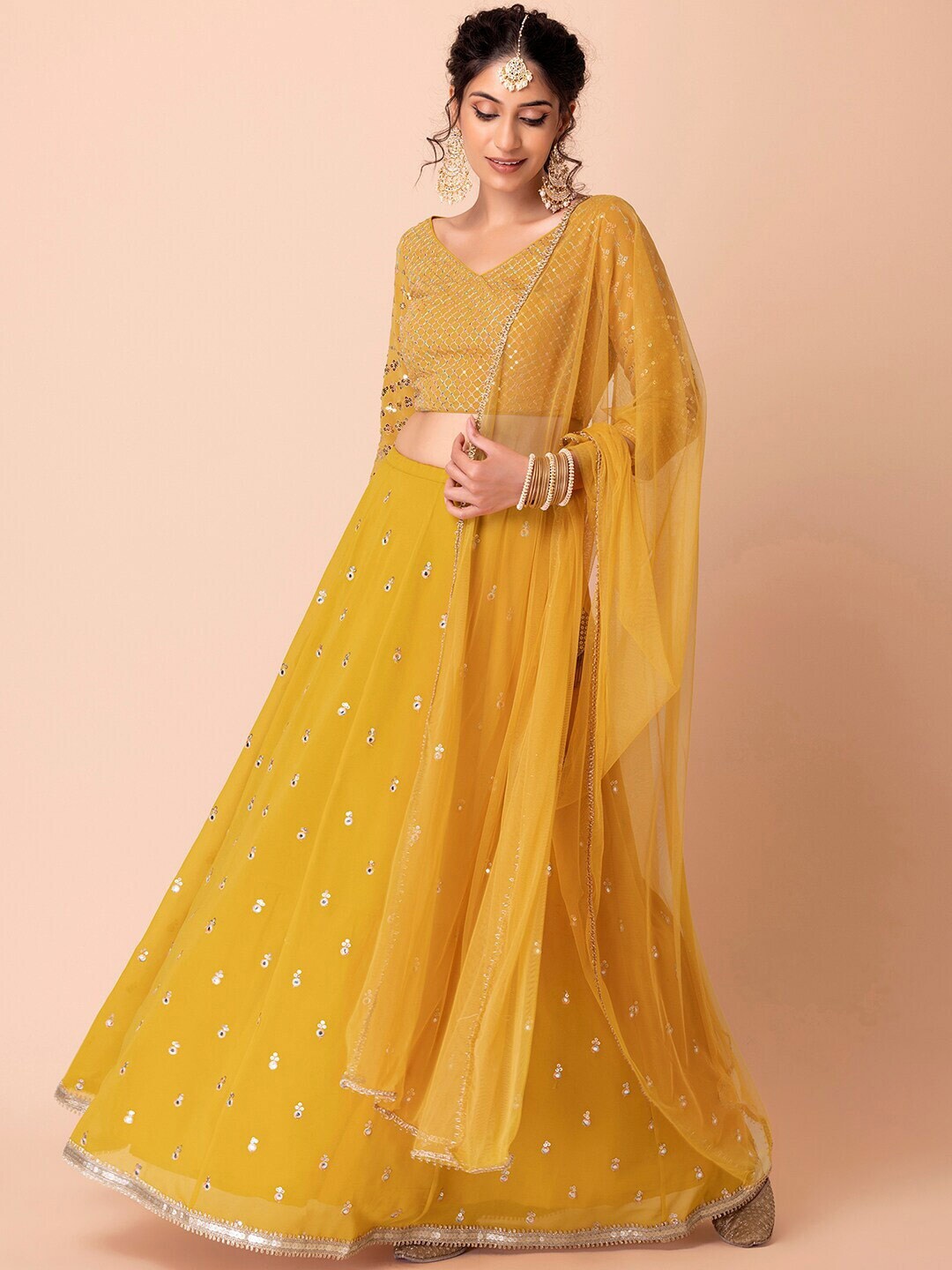 

FABPIXEL Embellished Sequinned Semi-Stitched Lehenga & Unstitched Blouse With Dupatta, Yellow