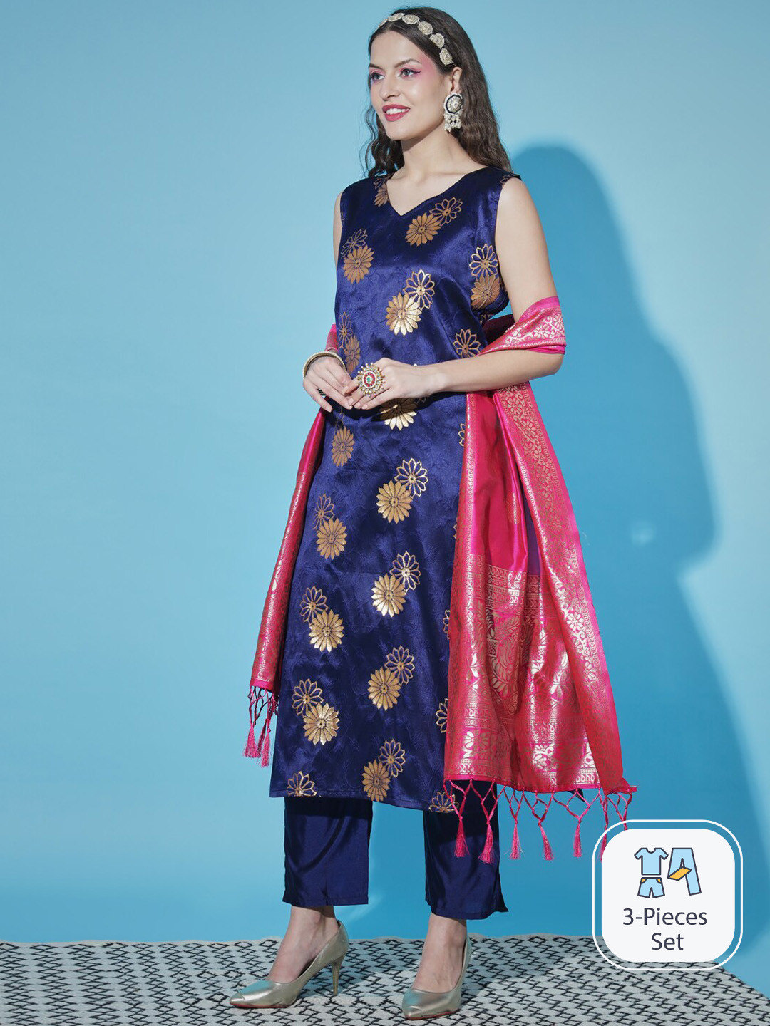 

PPTOSS Ethnic Motifs Woven Design Kurta with Trousers & With Dupatta, Blue