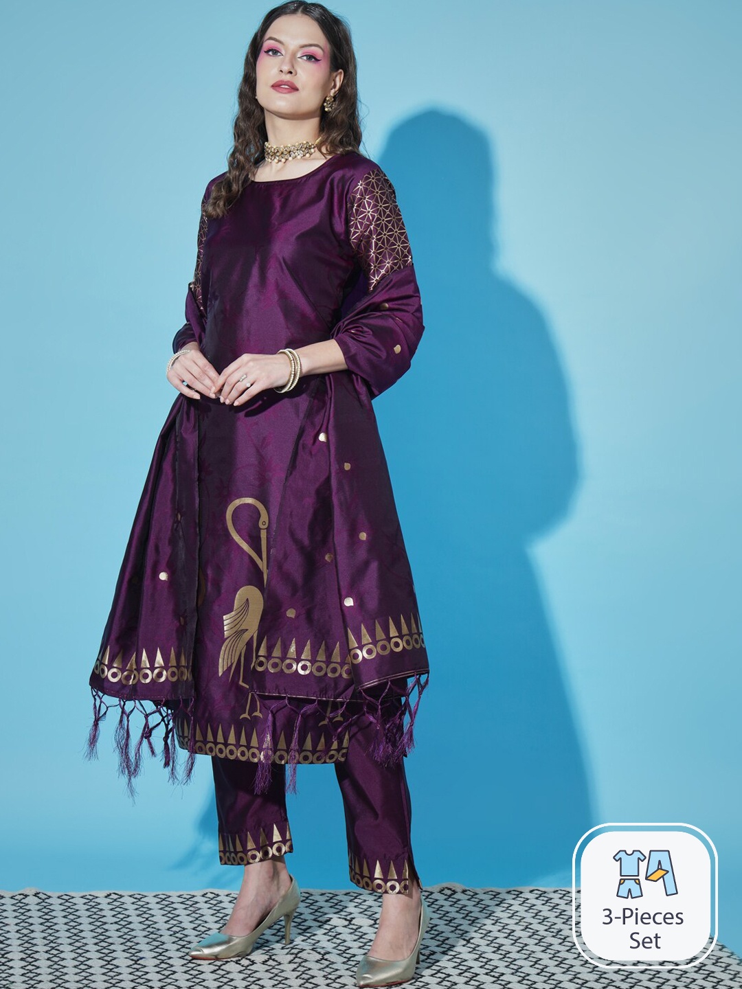 

PPTOSS Ethnic Motifs Woven Design Regular Kurta With Trousers & With Dupatta, Purple