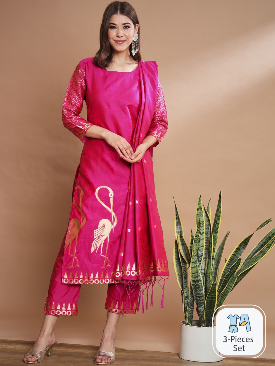 

PPTOSS Ethnic Motifs Woven Design Kurta with Trousers & With Dupatta, Pink