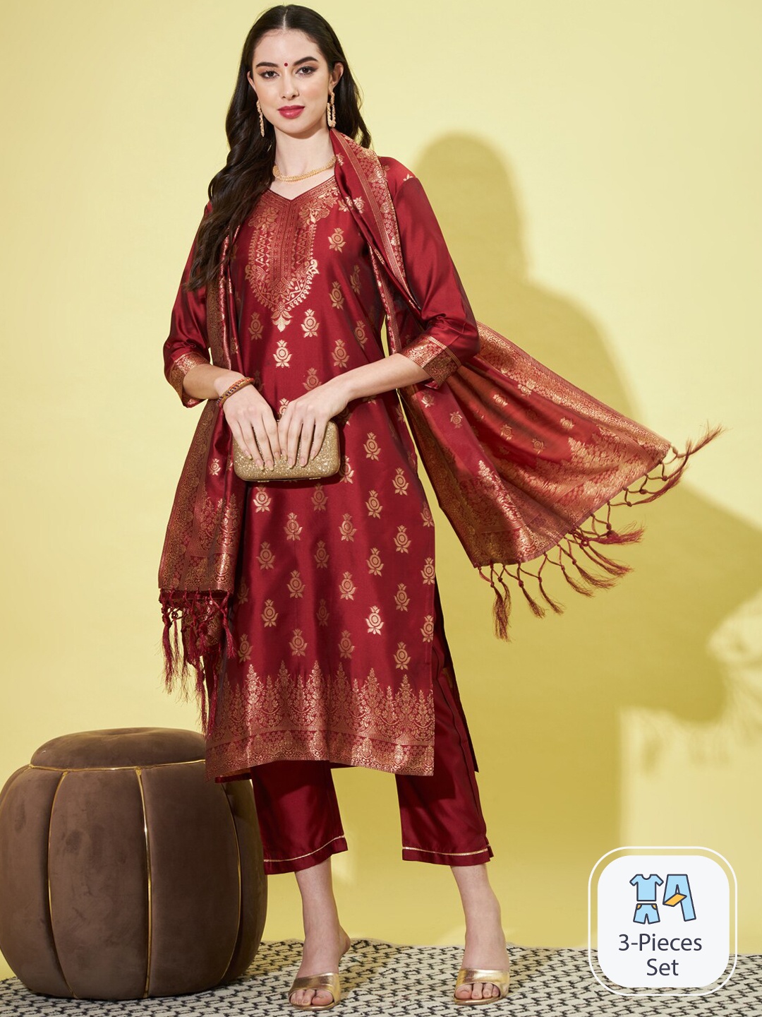 

PPTOSS Ethnic Motifs Woven Design Kurta with Trousers & With Dupatta, Maroon