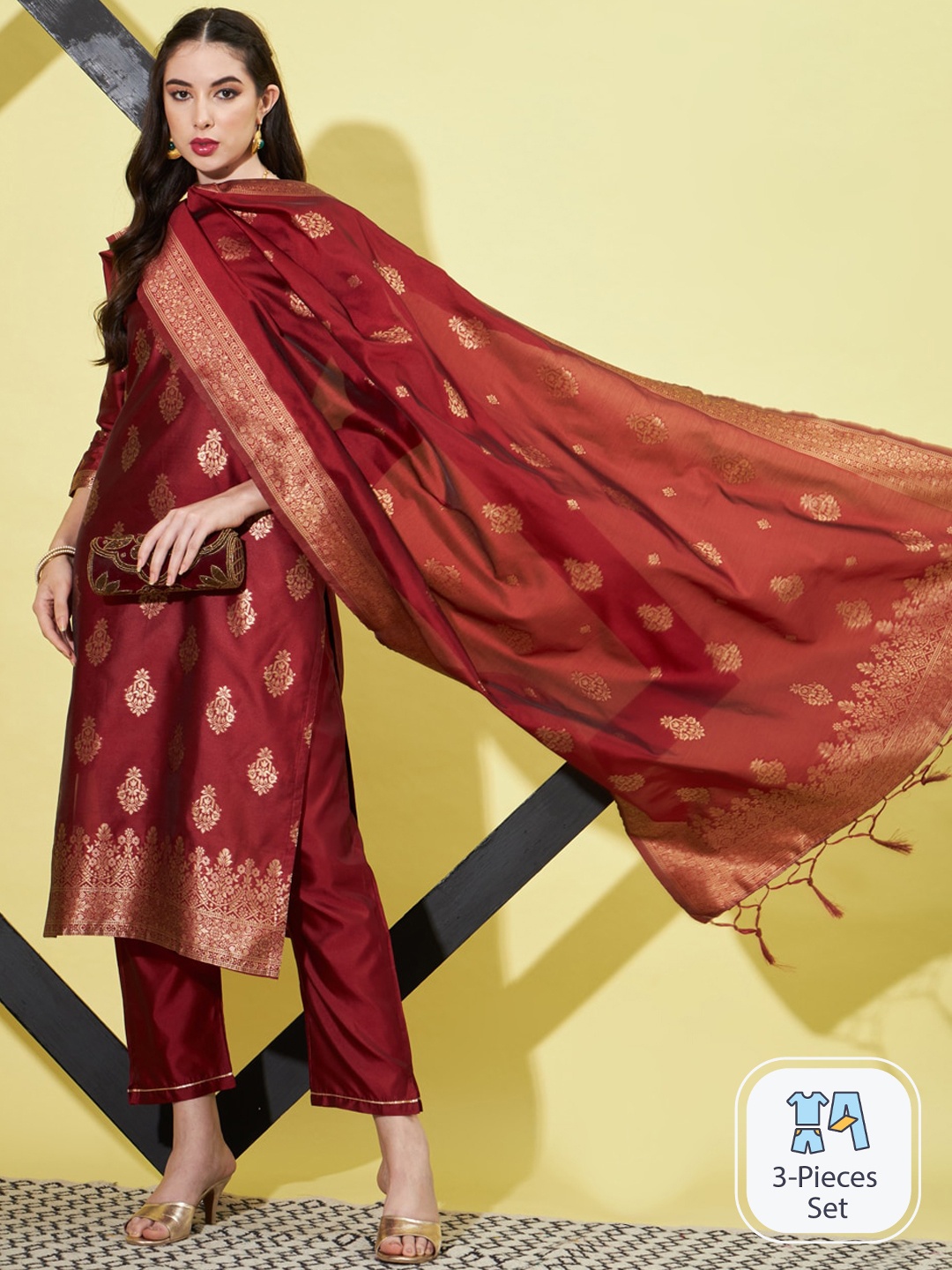 

PPTOSS Ethnic Motifs Woven Design Kurta with Trousers & With Dupatta, Maroon