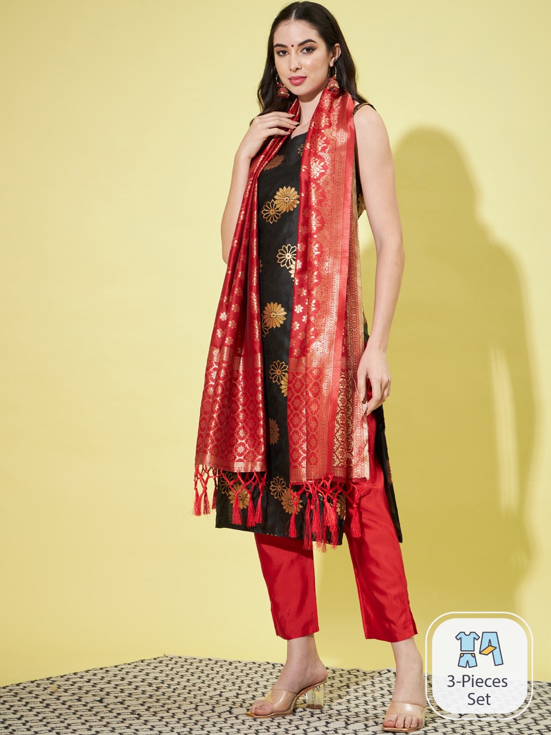 

PPTOSS Floral Woven Design Kurta with Trousers & With Dupatta, Black