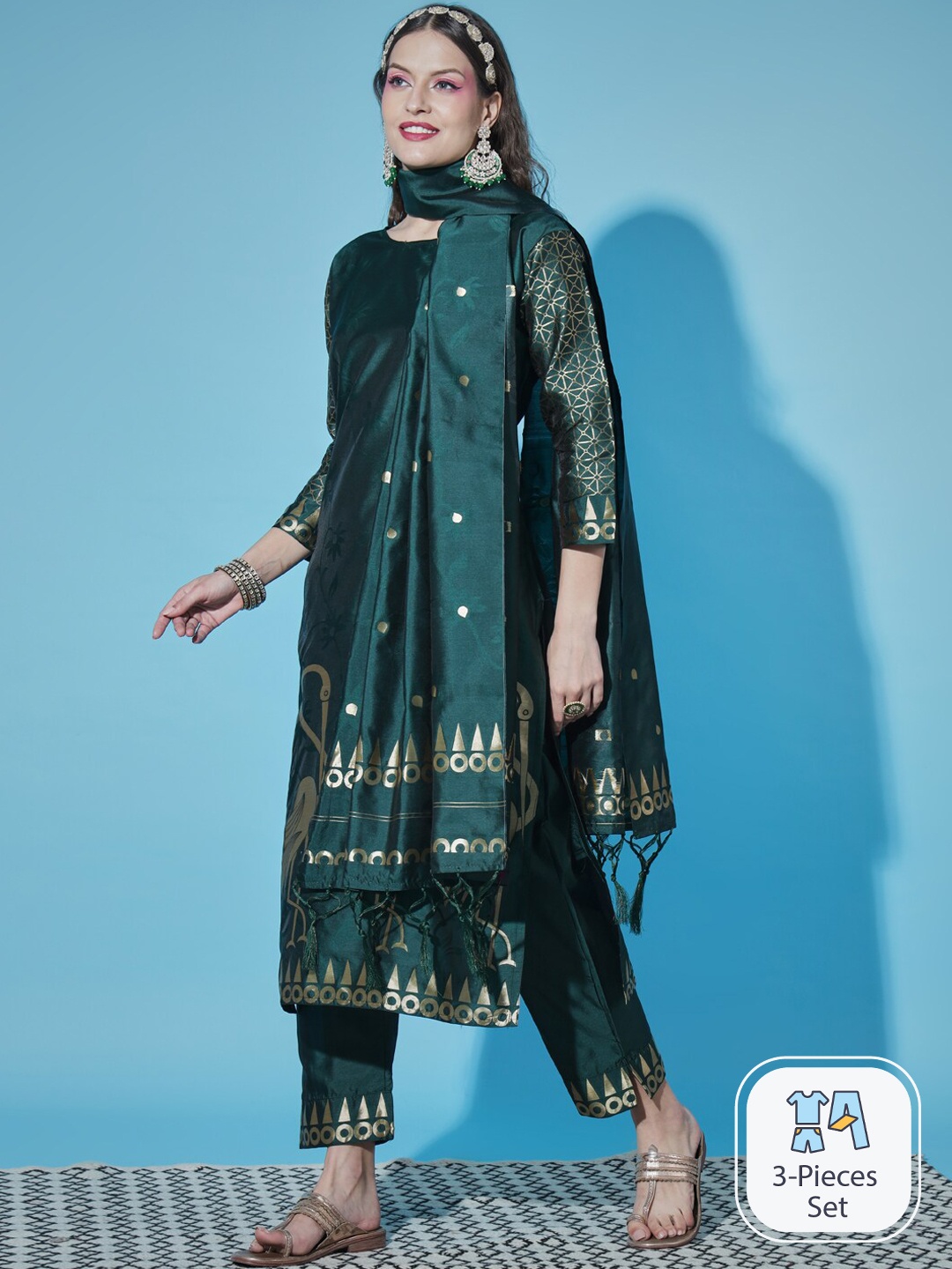 

PPTOSS Ethnic Motifs Woven Design Kurta with Trousers & With Dupatta, Green