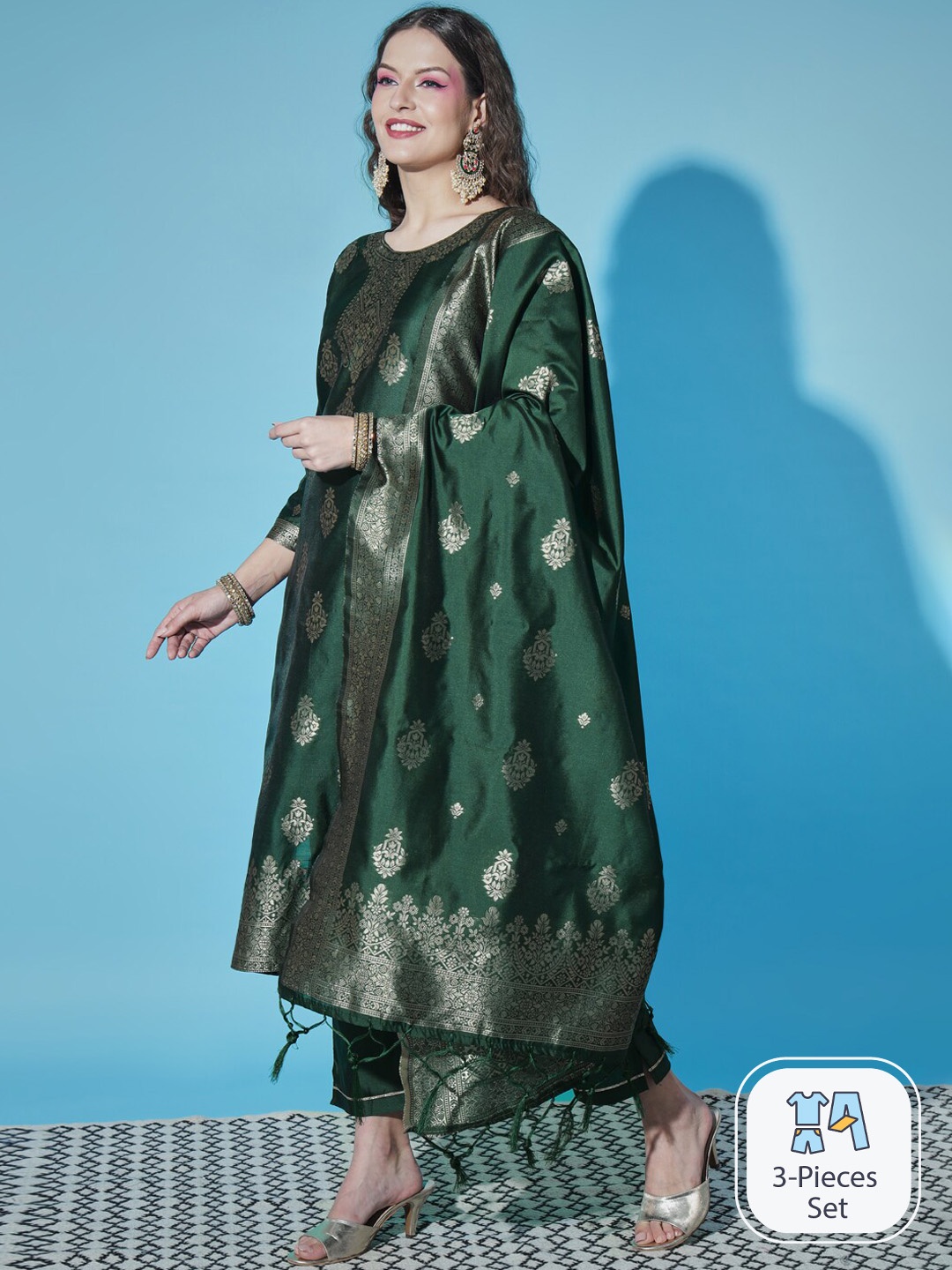 

PPTOSS Ethnic Motifs Woven Design Regular Kurta With Trousers & With Dupatta, Green