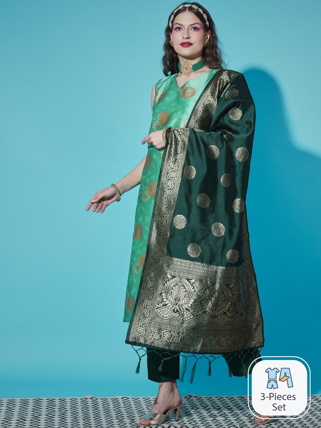 

PPTOSS Floral Regular Kurta With Trousers & With Dupatta, Green