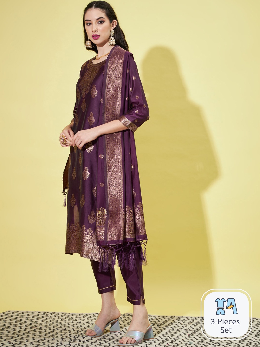 

PPTOSS Ethnic Motifs Woven Design Kurta with Trousers & With Dupatta, Purple