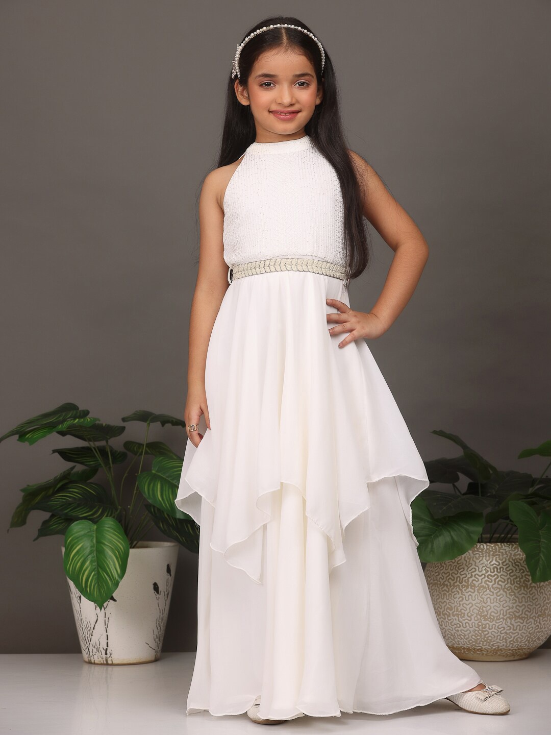 

Ethnovog Girls Embellished Choker Neck Layered Georgette Maxi Dress, White