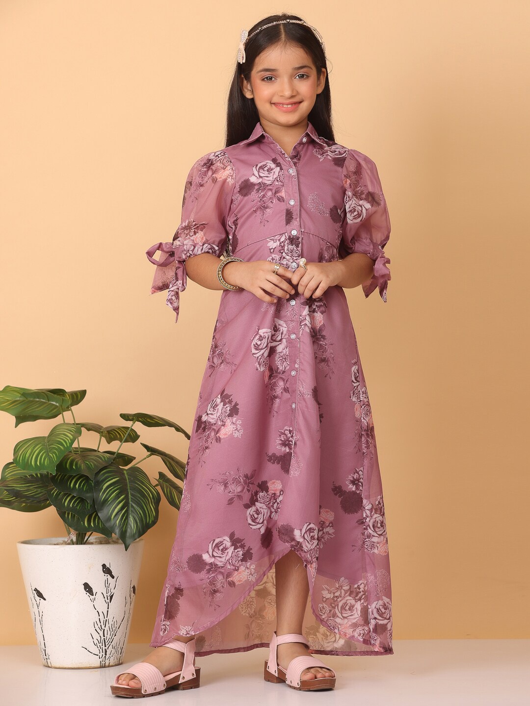 

Ethnovog Girls Floral Printed Shirt Collar Puff Sleeve Tie-Ups Shirt Midi Dress, Mauve