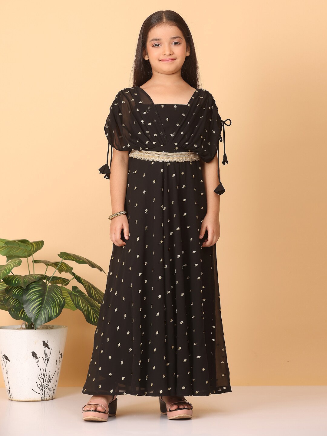 

Ethnovog Girls Embellished Square Neck Sequined Georgette Maxi Dress, Black