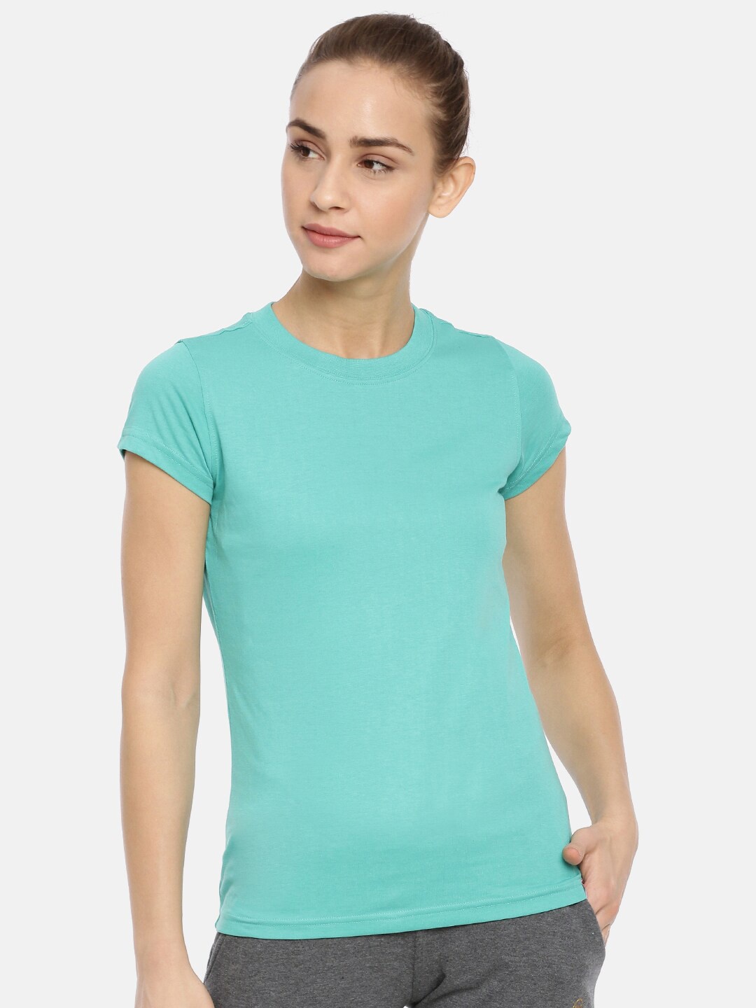 

Macrowoman W-Series Round Neck Short Sleeve Cotton T-Shirt, Turquoise blue
