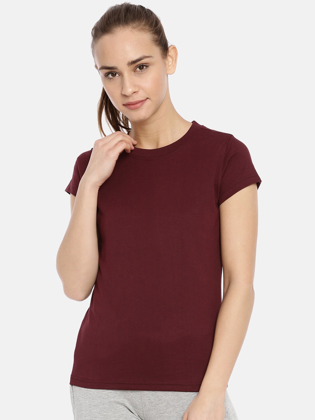 

Macrowoman W-Series Round Neck Pure Cotton Casual T-shirt, Burgundy