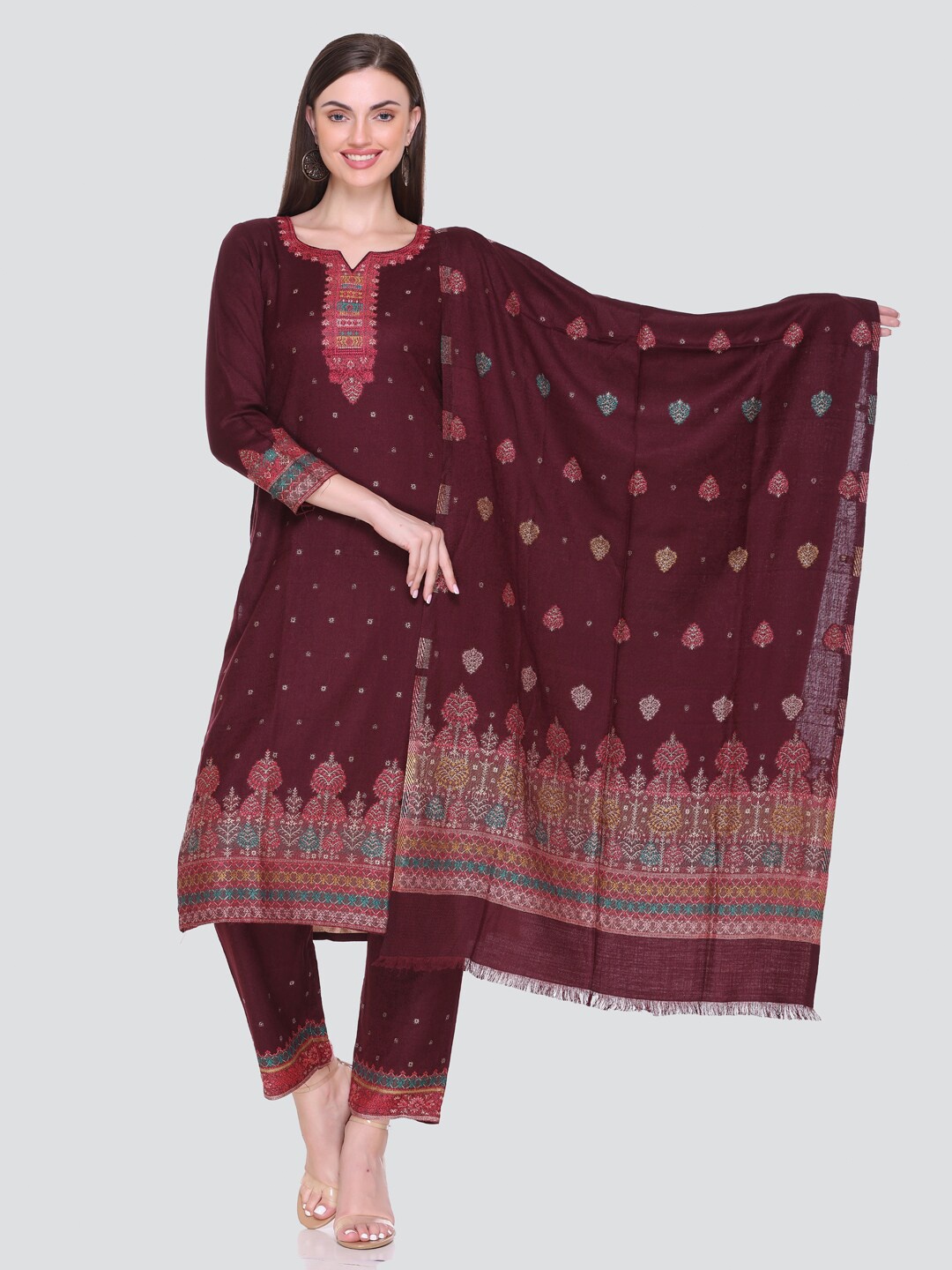 

KIDAR Ethnic Motifs Woven Design Unstitched Dress Material, Brown