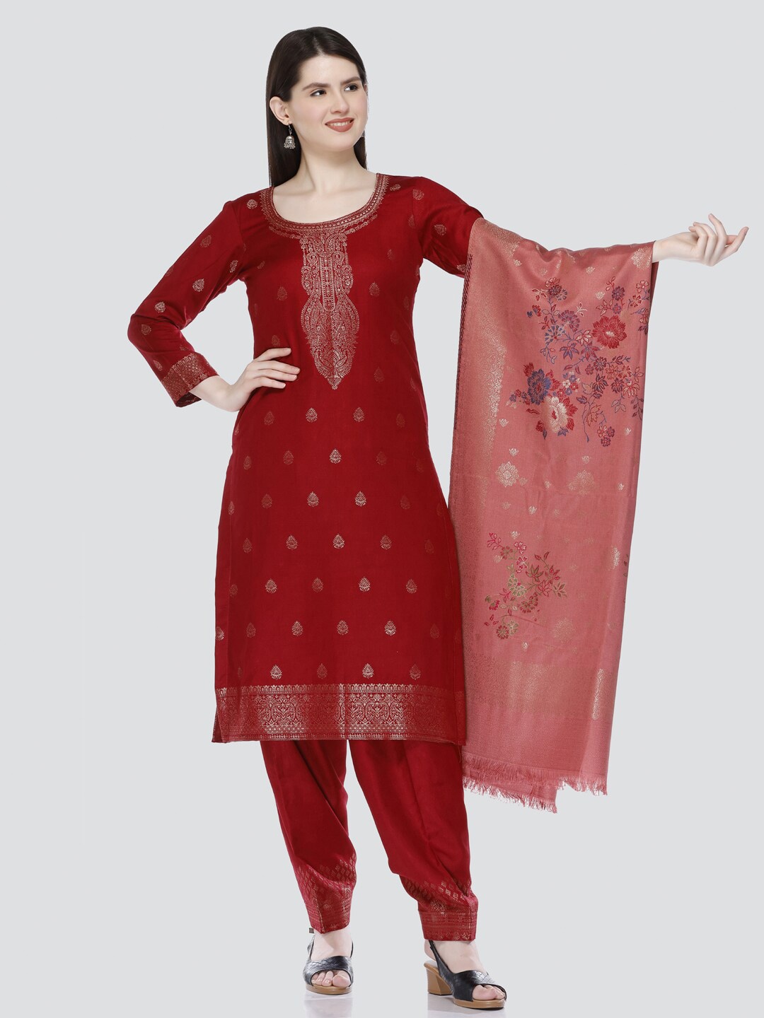 

KIDAR Ethnic Motifs Woven Design Unstitched Dress Material, Maroon