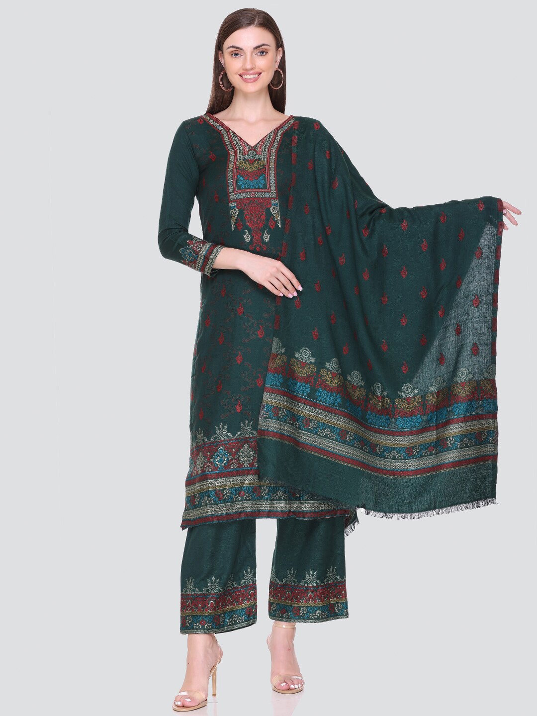 

KIDAR Ethnic Motifs Embroidered Unstitched Dress Material, Green