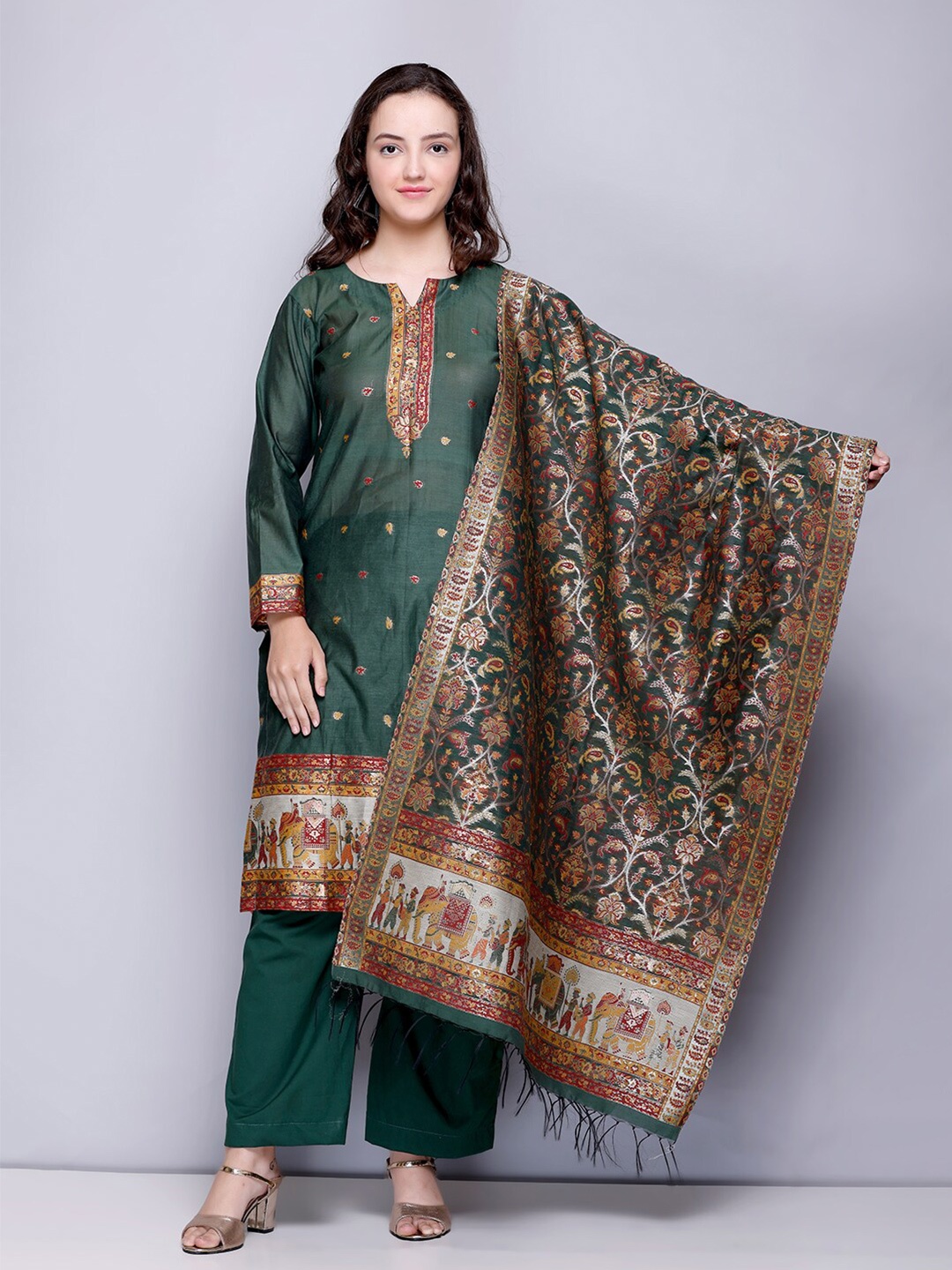 

KIDAR Ethnic Motifs Woven Design Zari Unstitched Dress Material, Green