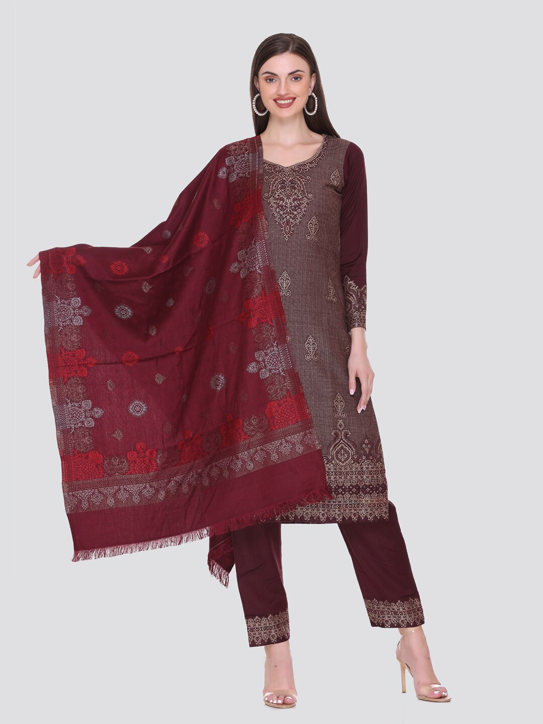 

KIDAR Ethnic Motifs Woven Design Unstitched Dress Material, Brown
