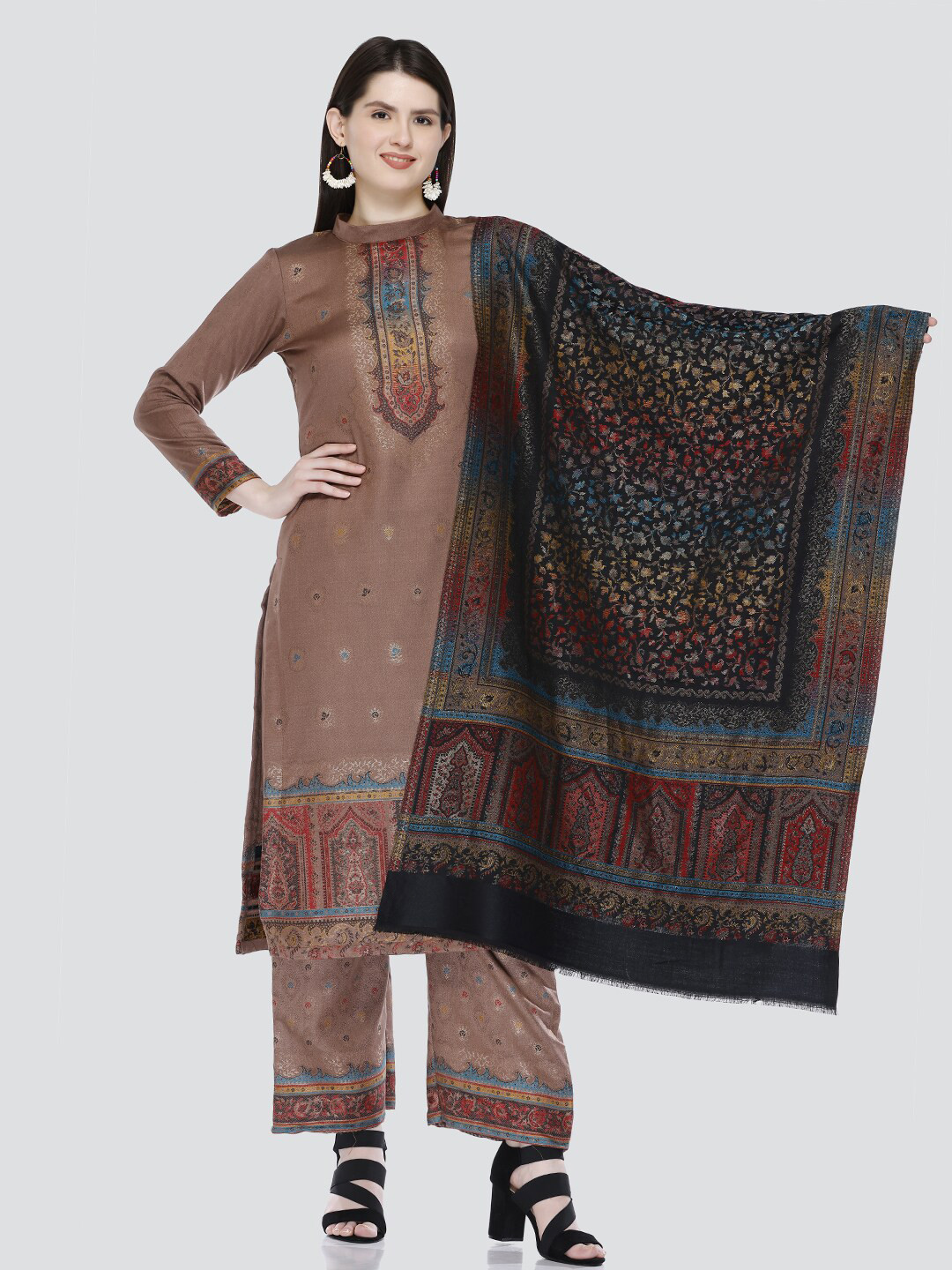 

KIDAR Ethnic Motifs Woven Design Unstitched Dress Material, Brown