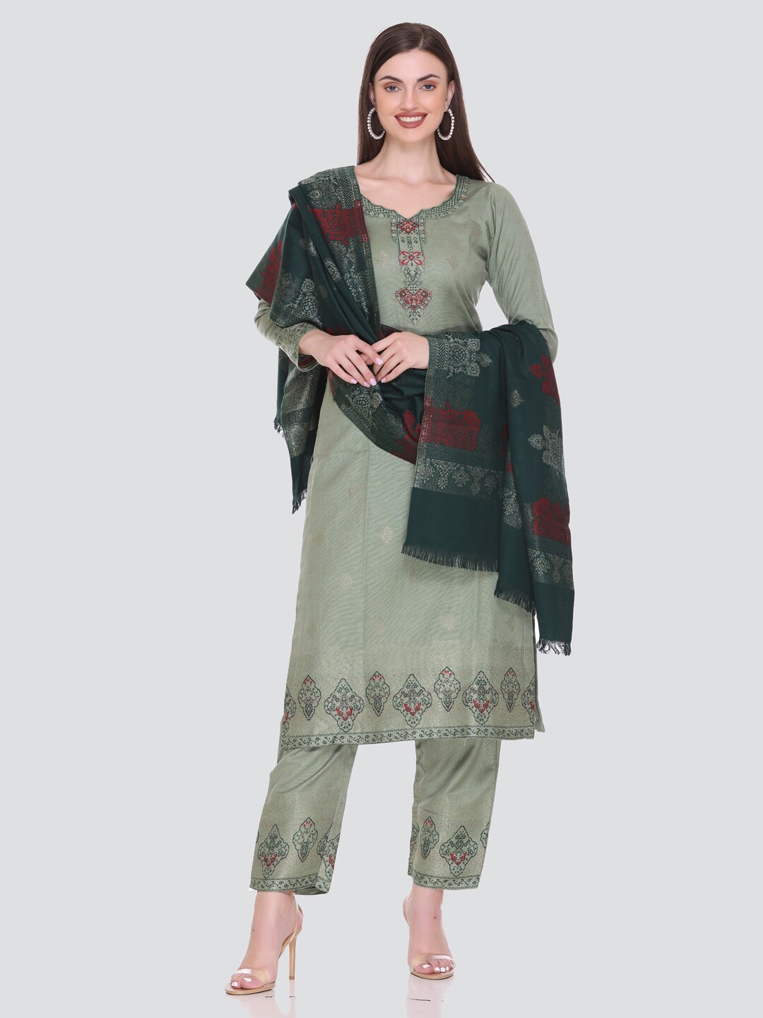 

KIDAR Ethnic Motifs Printed Unstitched Dress Material, Green