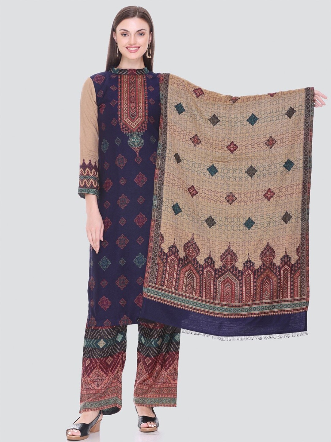 

KIDAR Ethnic Motifs Printed Unstitched Dress Material, Navy blue