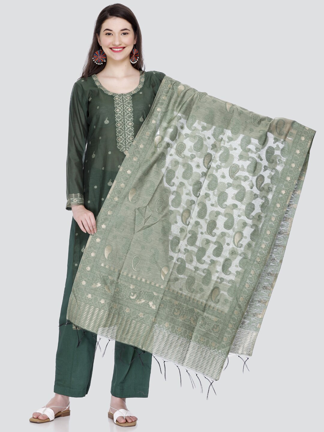 

KIDAR Ethnic Motifs Woven Design Zari Unstitched Dress Material, Green