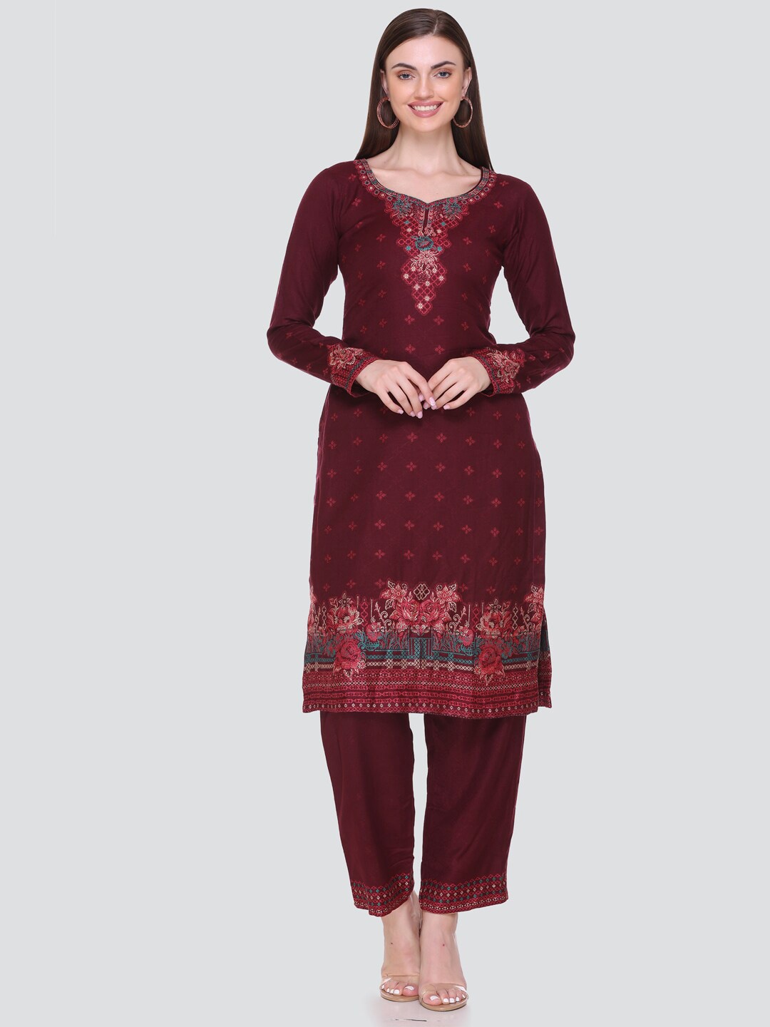 

KIDAR Floral Woven Design Unstitched Dress Material, Brown