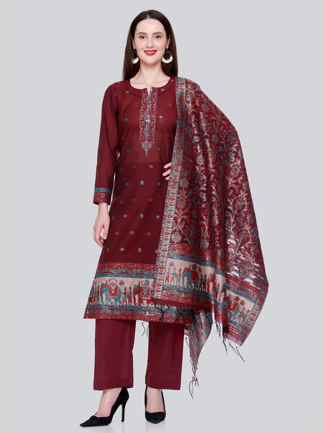 

KIDAR Ethnic Motifs Woven Design Unstitched Dress Material, Maroon