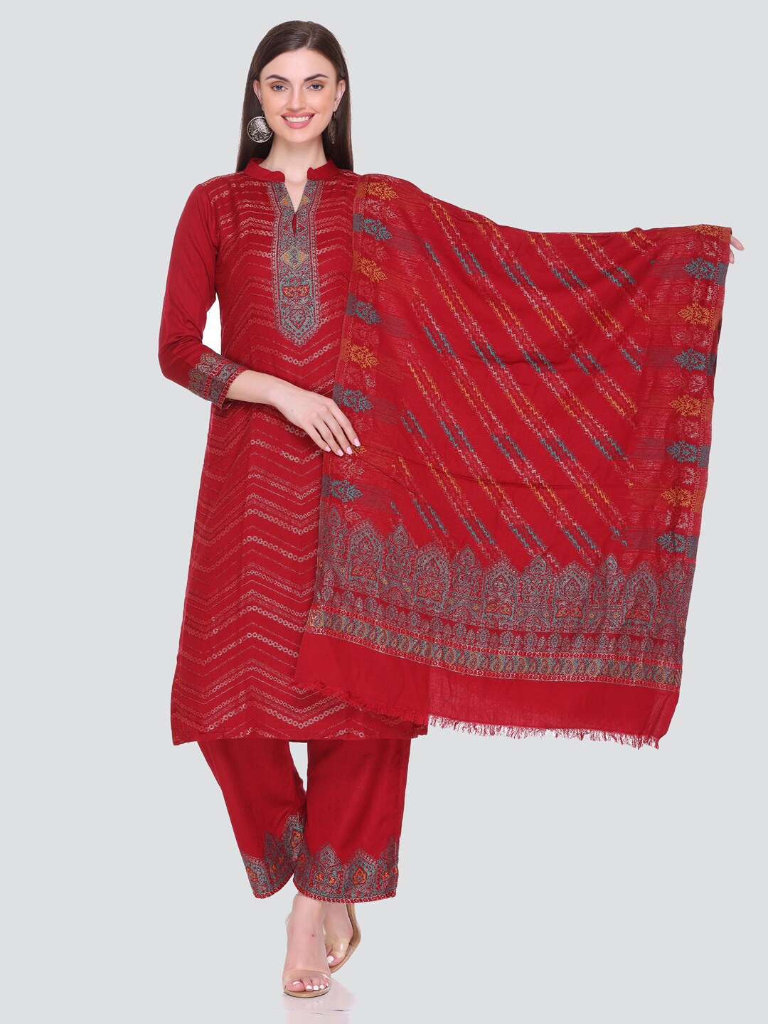 

KIDAR Ethnic Motifs Printed Unstitched Dress Material, Red