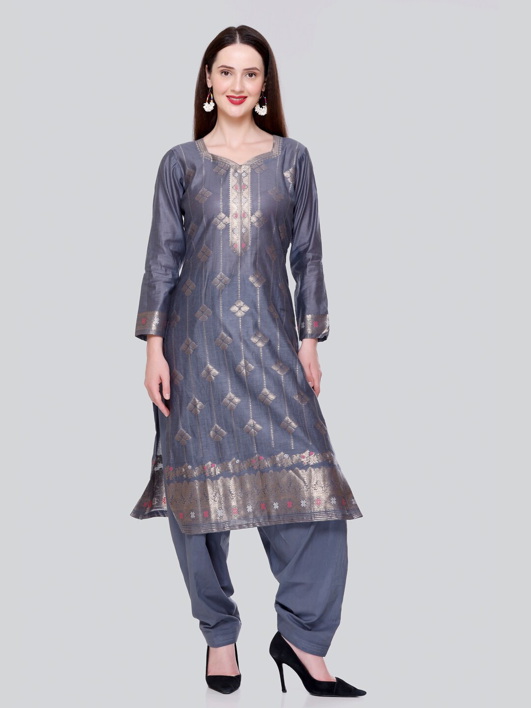 

KIDAR Ethnic Motifs Printed Unstitched Dress Material, Grey