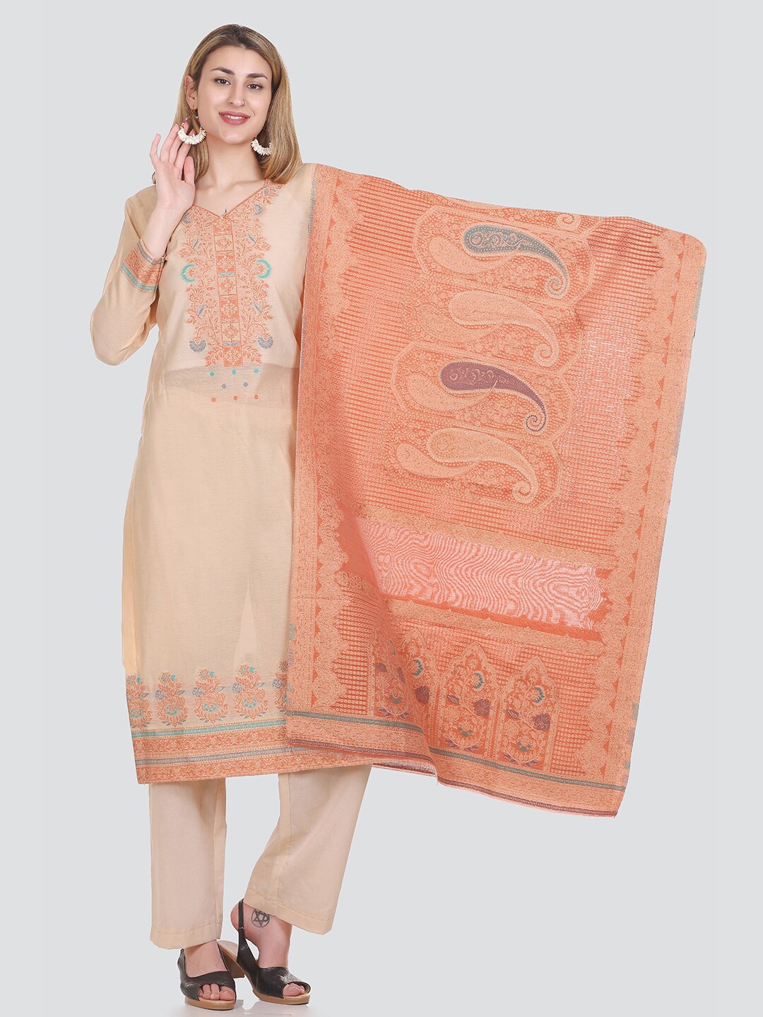 

KIDAR Ethnic Motifs Woven Design Unstitched Dress Material, Peach
