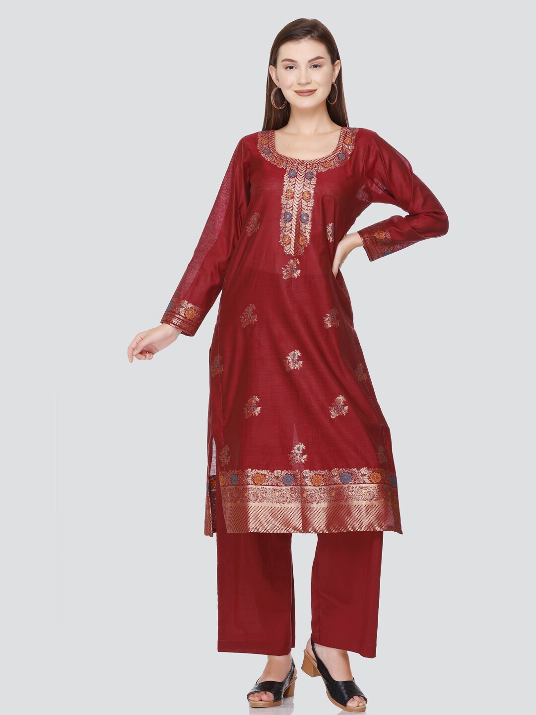 

KIDAR Floral Woven Design Unstitched Dress Material, Maroon