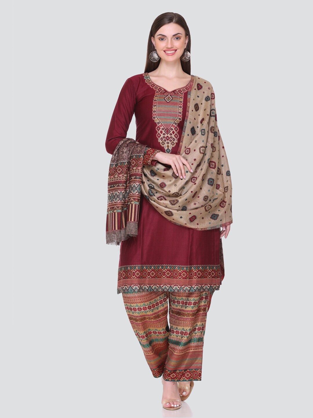 

KIDAR Ethnic Motifs Printed Unstitched Dress Material, Maroon