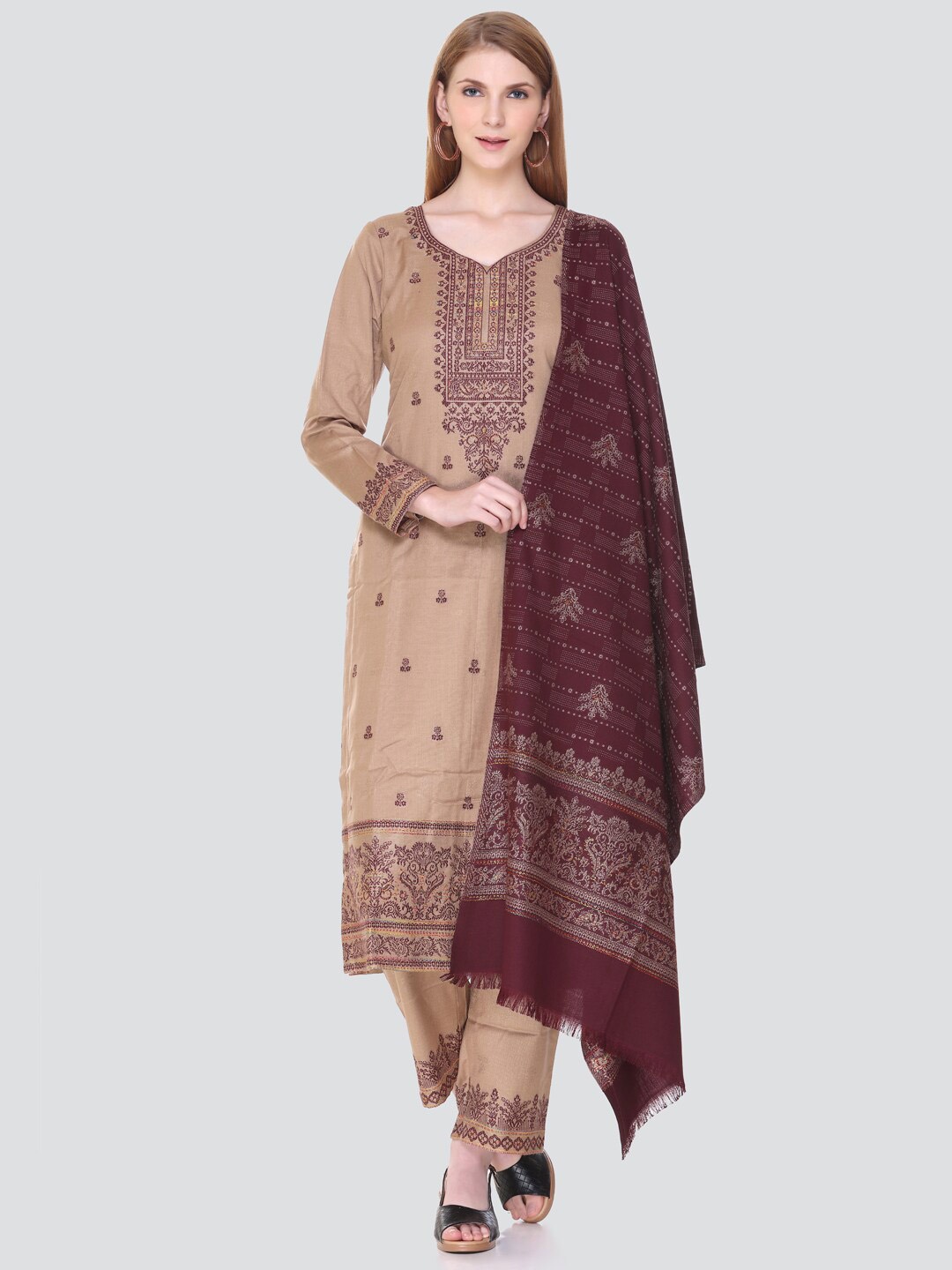 

KIDAR Ethnic Motifs Embroidered Unstitched Dress Material, Beige