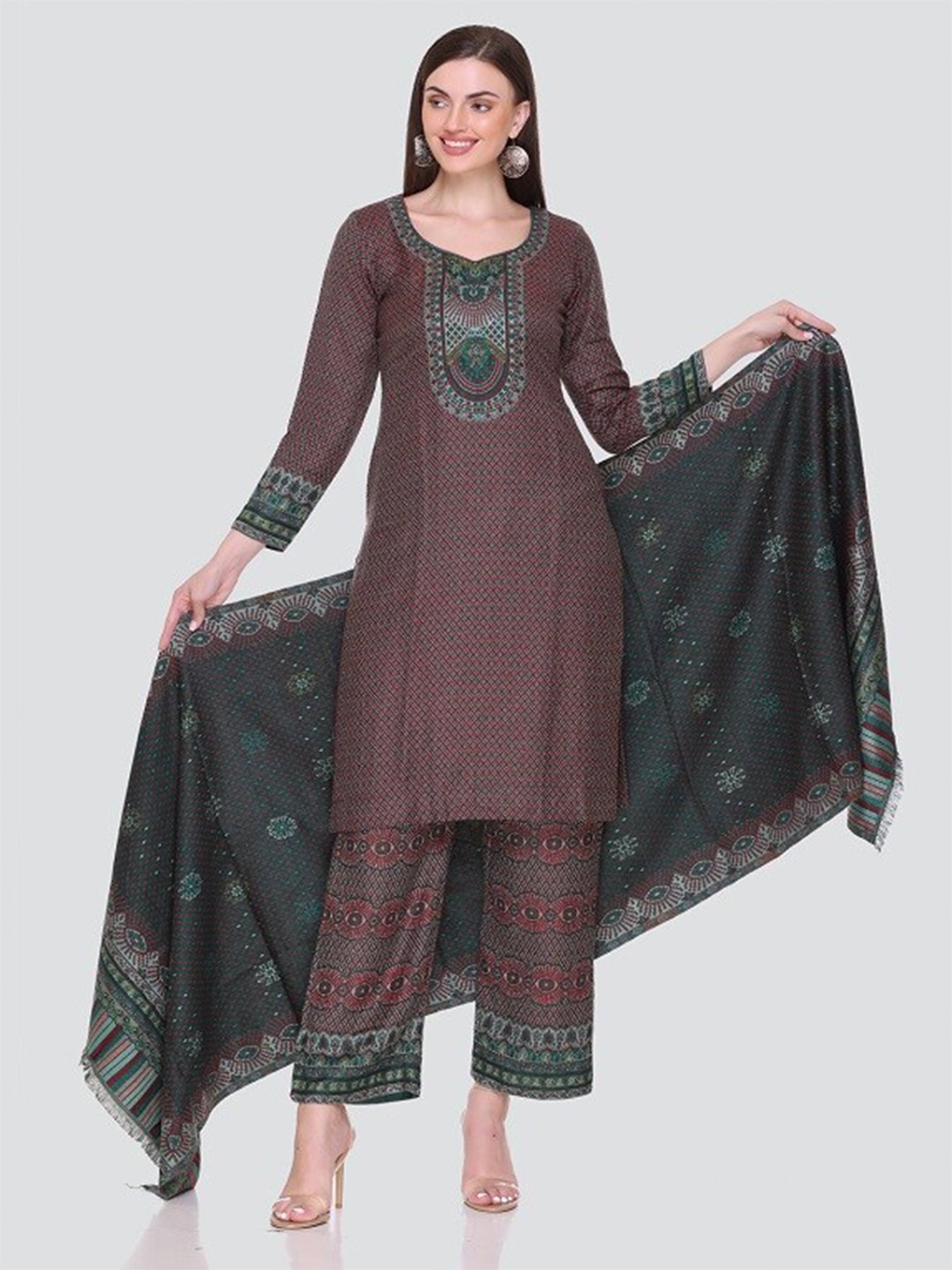 

KIDAR Ethnic Motifs Printed Unstitched Dress Material, Brown