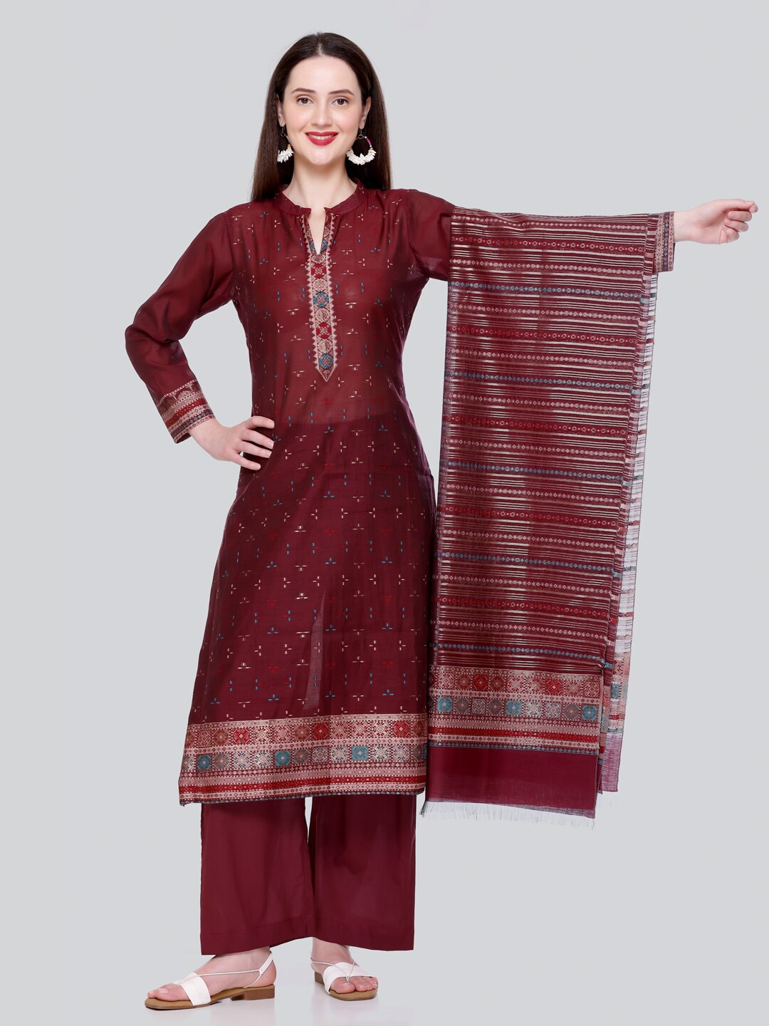 

KIDAR Ethnic Motifs Woven Design Unstitched Dress Material, Brown