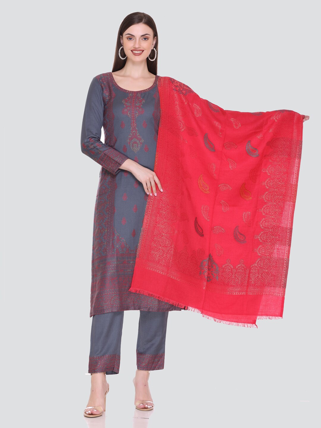 

KIDAR Ethnic Motifs Printed Unstitched Dress Material, Grey