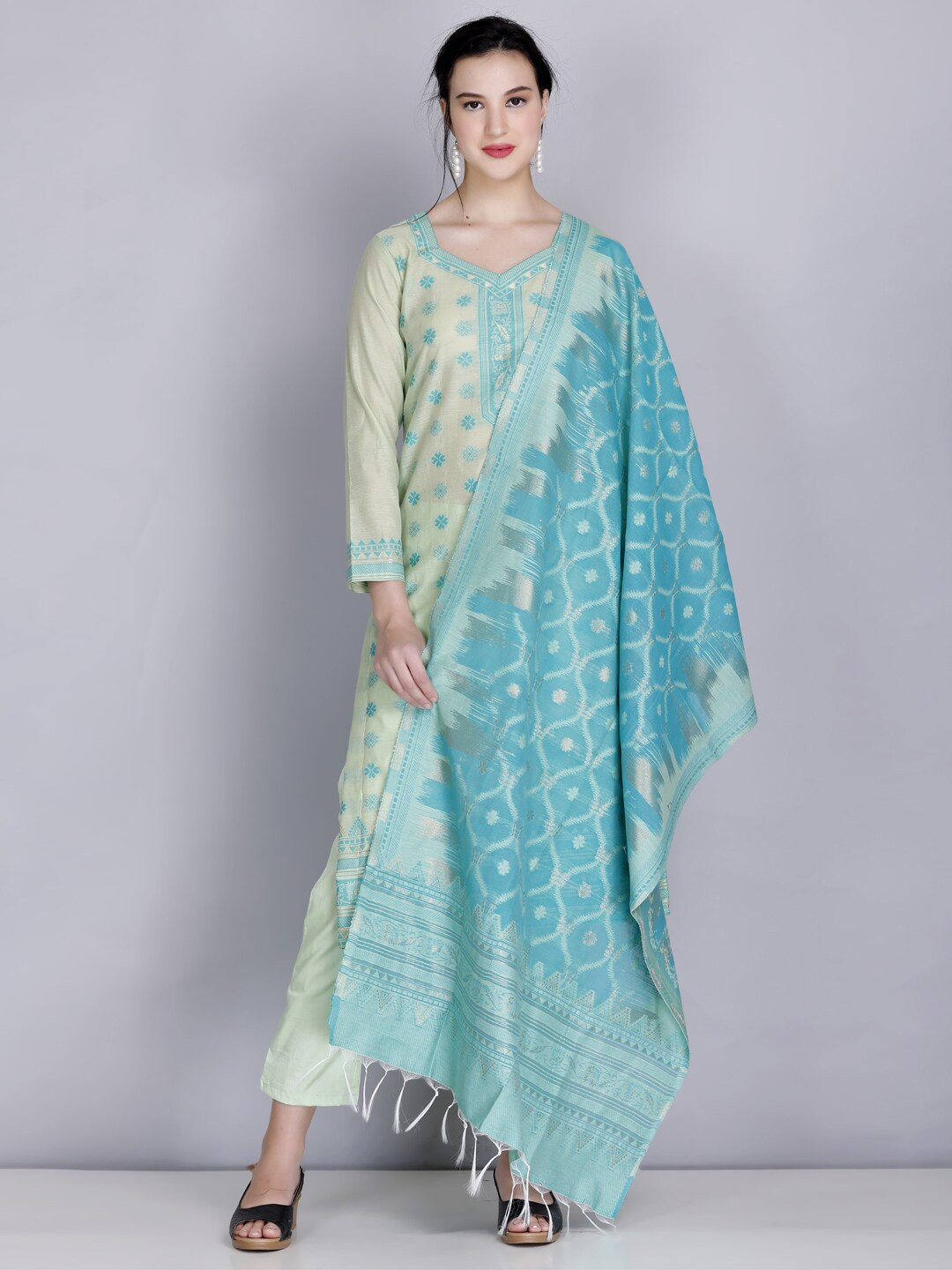 

KIDAR Floral Woven Design Unstitched Dress Material, Green