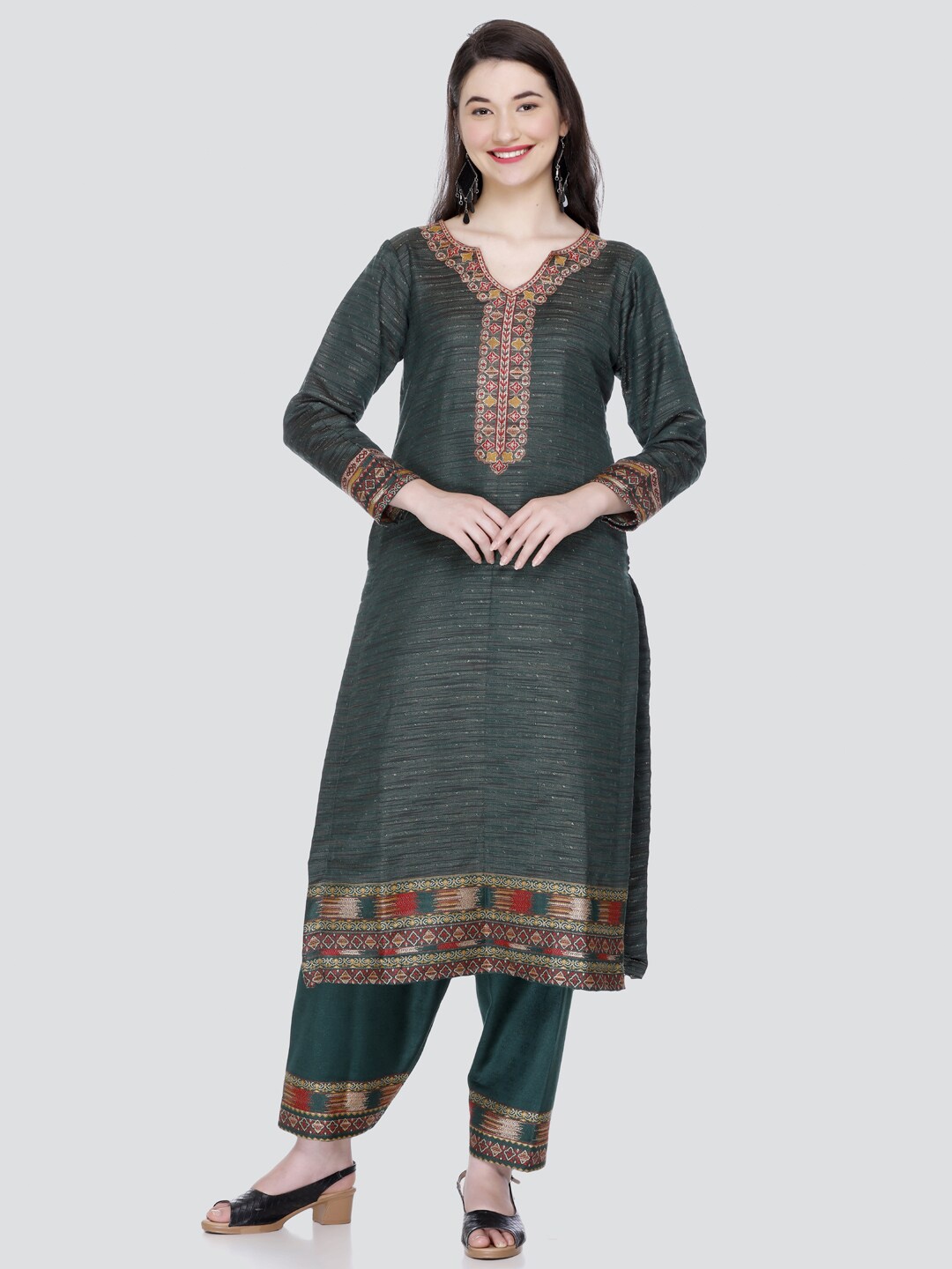 

KIDAR Ethnic Motifs Woven Design Unstitched Dress Material, Green