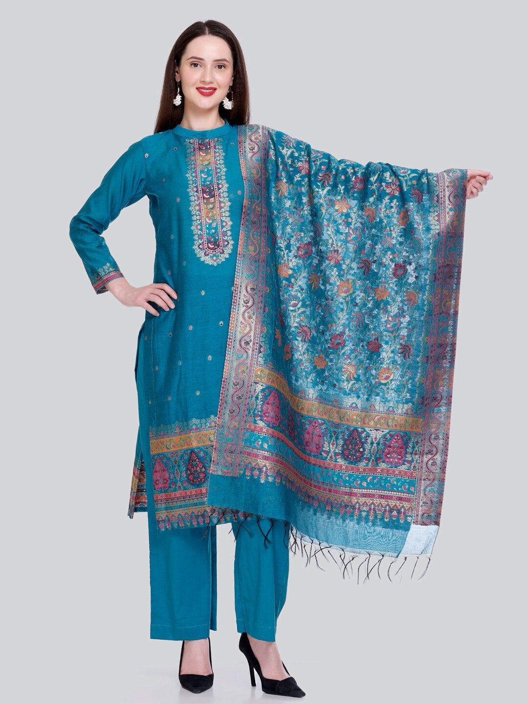 

KIDAR Ethnic Motifs Woven Design Unstitched Dress Material, Blue