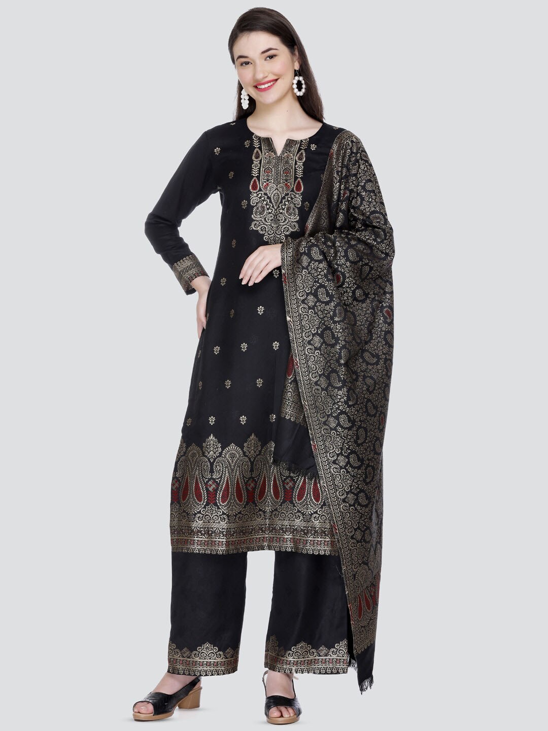 

KIDAR Ethnic Motifs Woven Design Unstitched Dress Material, Black