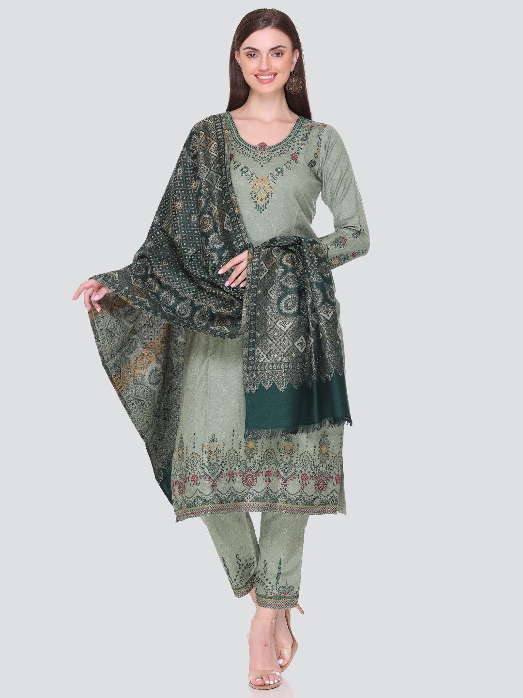 

KIDAR Ethnic Motifs Printed Unstitched Dress Material, Green