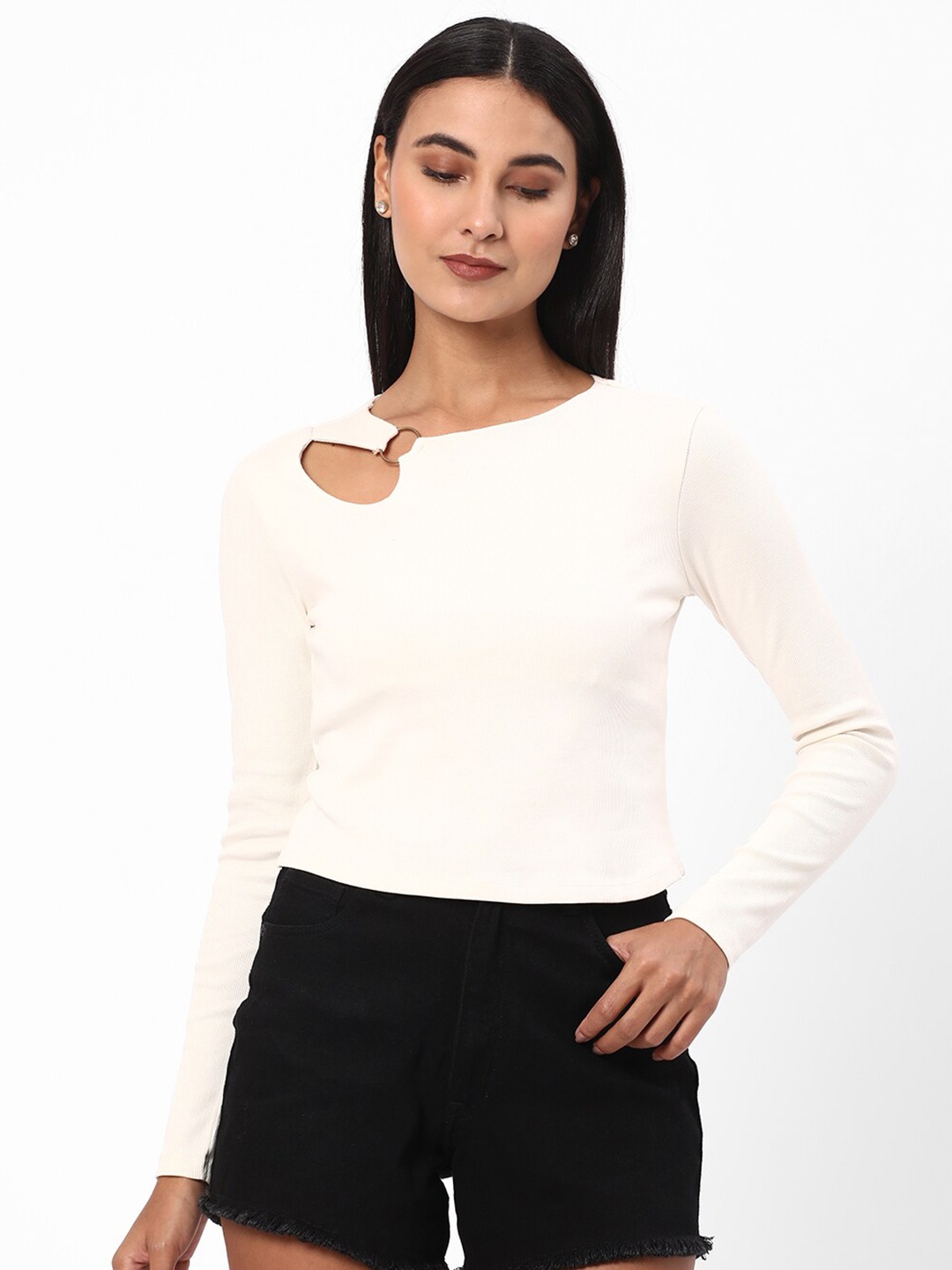 

R&B Cut Out Details Long Sleeves Cotton Top, White