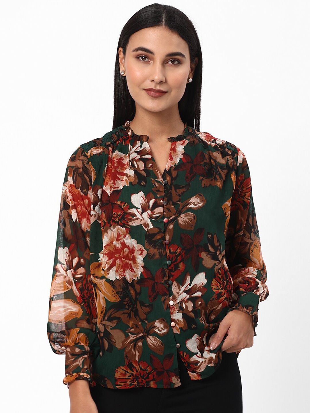 

R&B Floral Printed Mandarin Collar Puff Sleeves Top, Green