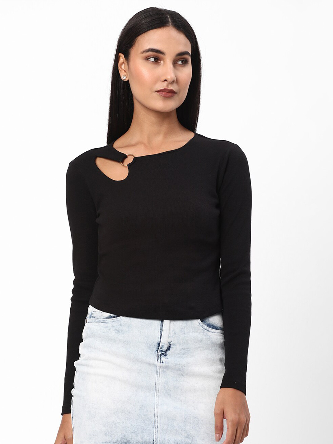 

R&B Cut Out Details Long Sleeves Cotton Top, Black