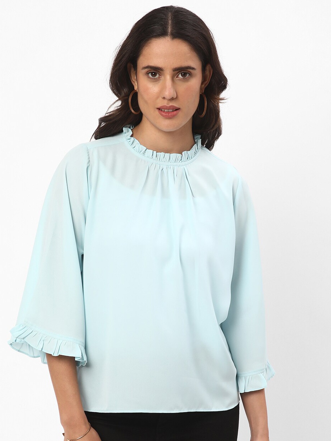 

R&B High Neck Flared Sleeve A-Line Top, Blue